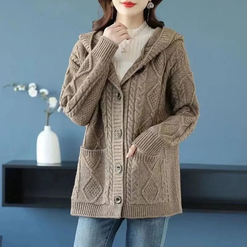 Hooded Sweater Spring And Autumn Mother Sweater Jacket Female Jacket 2023 New Loose Pocket Zipper Knitted Cardigan Mom HoodyCoat - reetell