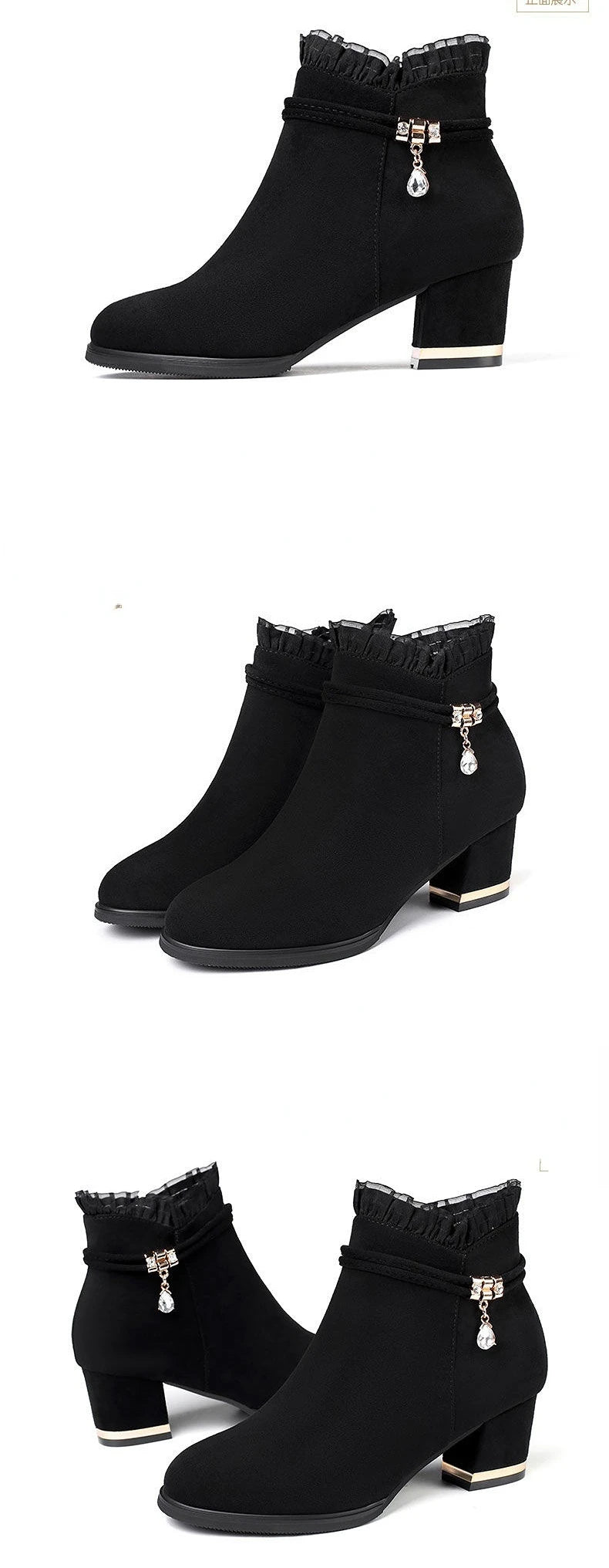 2023 New Autumn Fashion Boots Women Fur Winter Warm Pointed Ankle Boots Sexy High Heel Rhinestone Decoration Zipper Women Boots