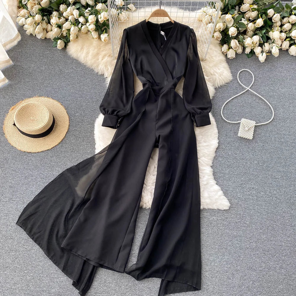 EWQ Elegant Style Chic Jumpsuit Women V-neck Long-sleeve Mesh Patchwork Solid Color Female Jumpsuits Autumn 2023 New 27SN3727