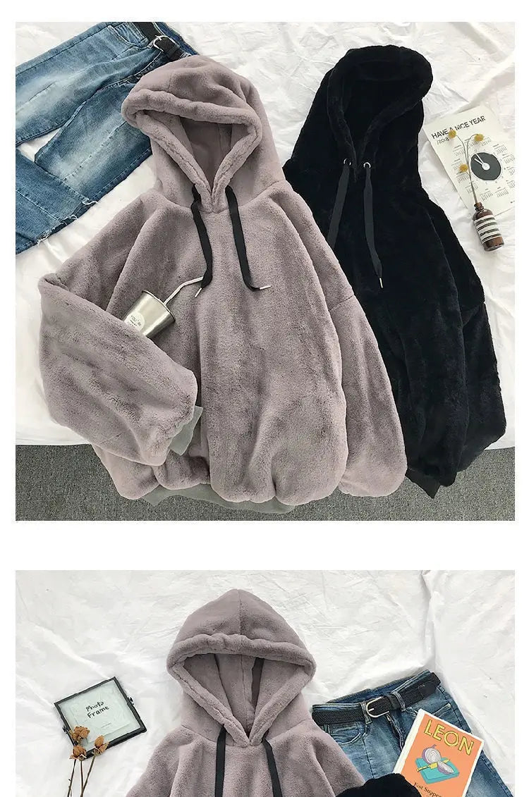 Autumn Winter Fleece-lined Hooded Long-sleeve Sweatshirt Women Hoodies Fashion Loose Couple's Warm Plush Coat Lazy Style Tops - reetell