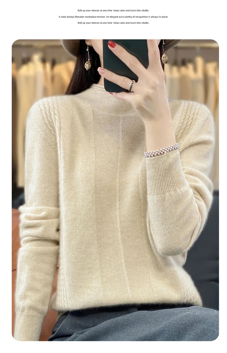 2024 Autumn Winter Women 100% Merino Wool Sweater Striped O-Neck Pullover Knitwear Casual Undershirt Cashmere Clothing Tops - reetell