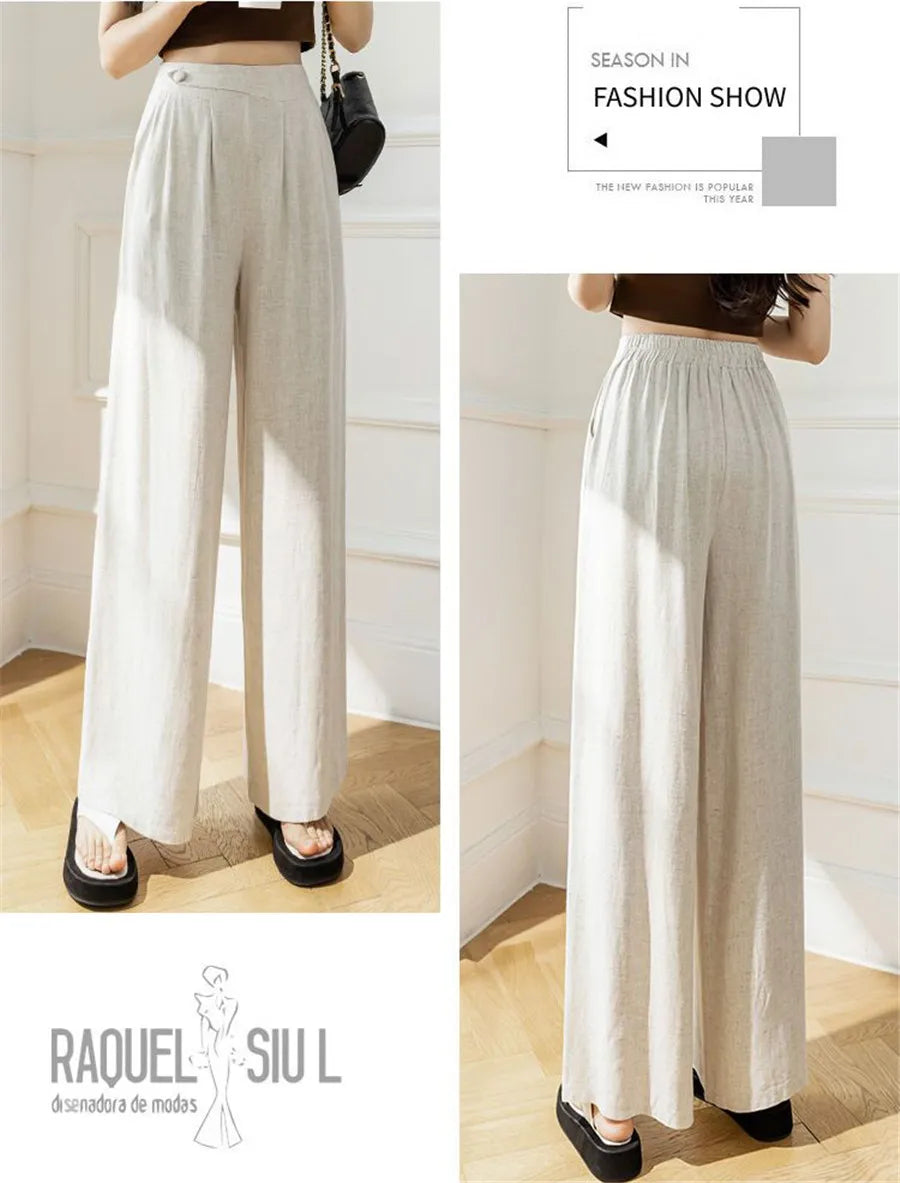 Summer New Cotton Linen Hig Waist Wide Leg Pants Mom's Straight Sweatpant Women 4xl Big Size Trousers Casual Baggy Pantalones - reetell