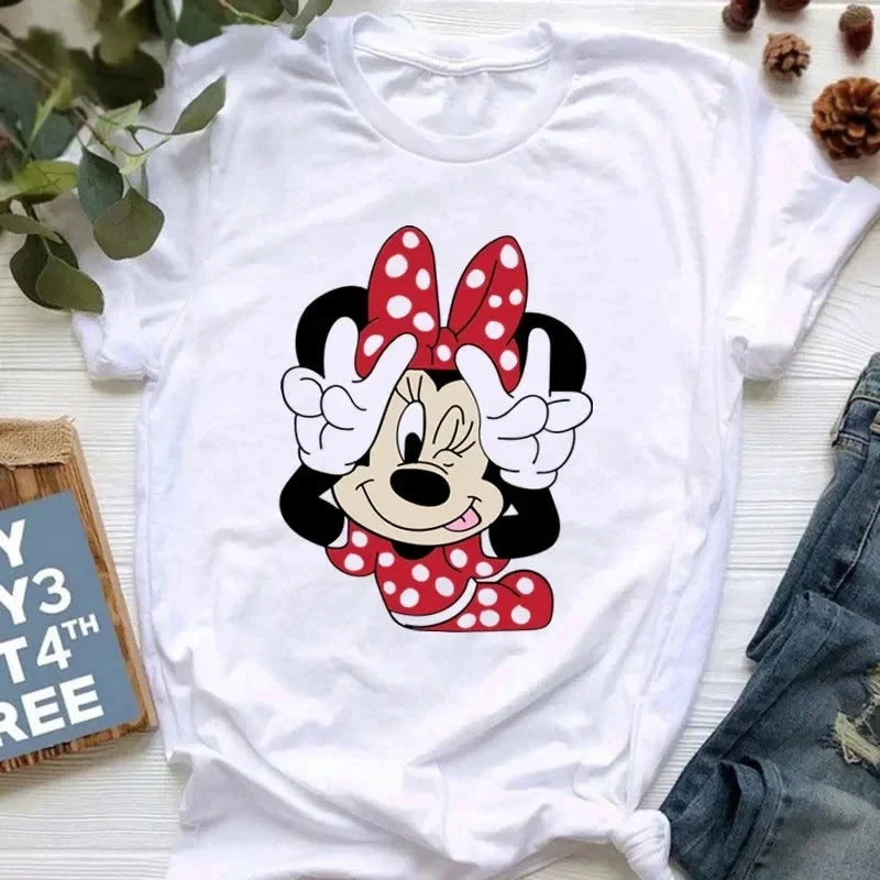 Summer Women's Disney Fun Pink Fairy Minnie Mouse T-Shirt Cotton Comfort Casual White Top Cartoon Disney Kawayi T-Shirt Top - reetell