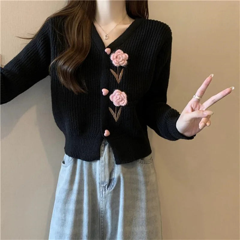 Heavy Industry Beautiful Flowers Knitted Cardigan Sweater Women Slim In Autumn And Winter With Small Cardigan V-neck Short Coat - reetell