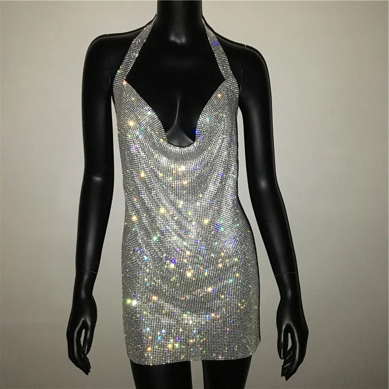 Sexy Backless V Neck Mini Dress For Women Shiny Rhinestone Halter Neck Side Split Sleeveless Dress Party Club Evening Dresses - reetell