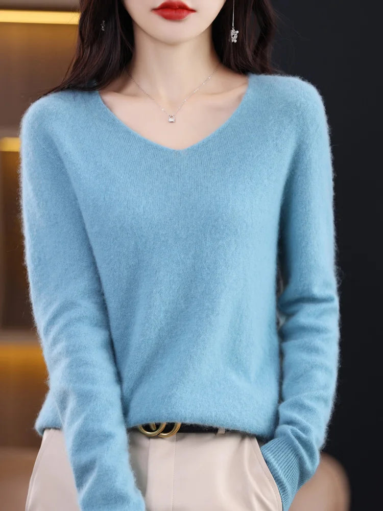 Aliselect Fashion Autumn Winter Basic 100% Merino Wool Sweater V-Neck Long Sleeve Women Knitted Pullover Cashmere Clothing Top - reetell