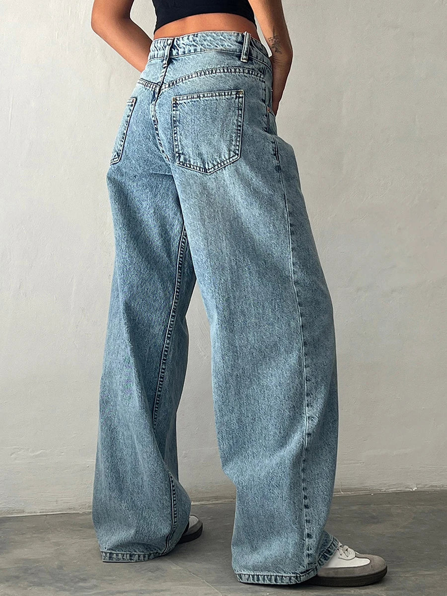 Y2k Vintage Low Rise Jeans for Women Jeans Wide Straight Leg Baggy Jeans Boyfriend Denim Pants with Pocket Streetwear - reetell