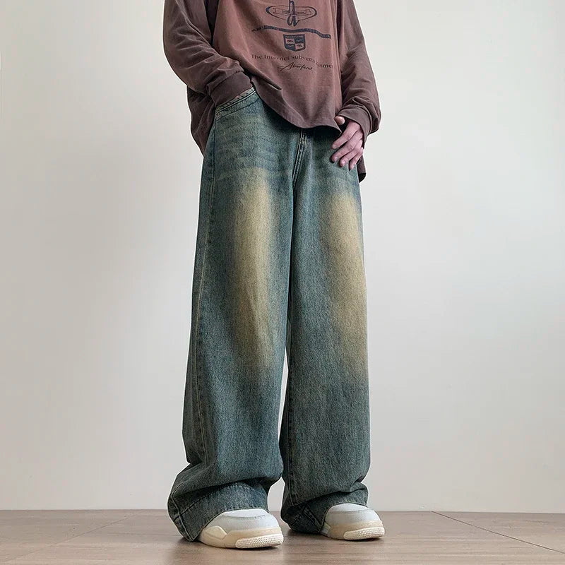 Distressed Vintage Blue Jeans Pants Men Wide-leg Denim Trousers Male Oversize Streetwear Fashion Casual Baggy Straight Jeans - reetell