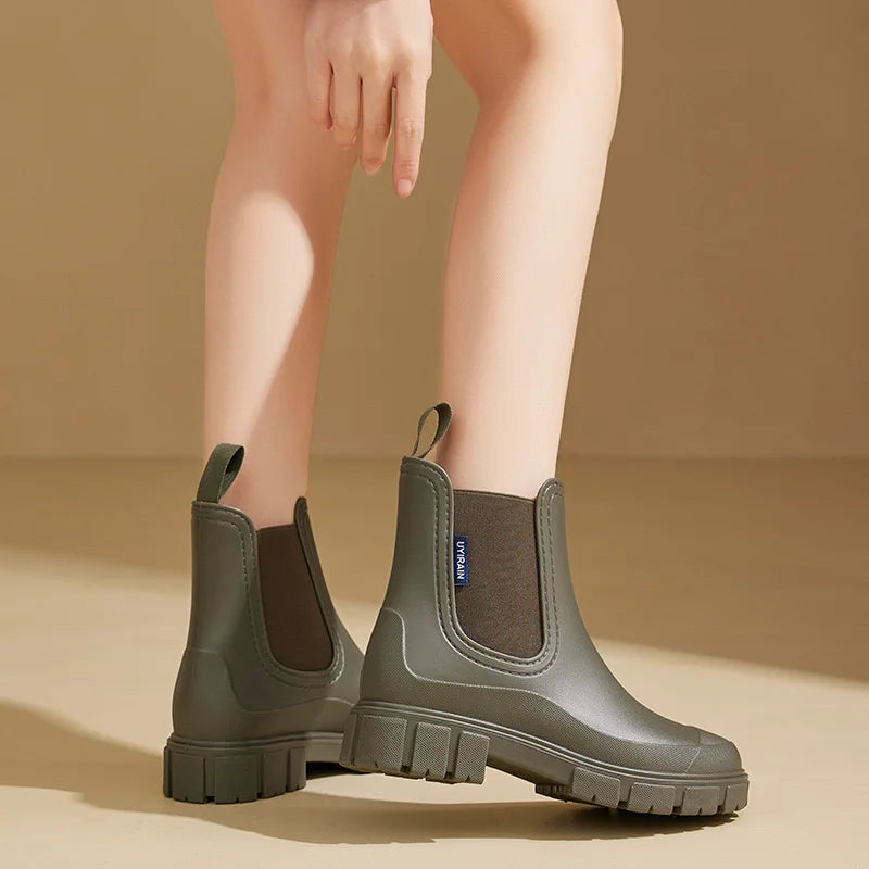 Women Waterproof Boots New Style Elastic Mouth Ankle Boots Mid Top Rain Shoes Non Slip Outdoor Indoor Chelsea Water Boot Woman