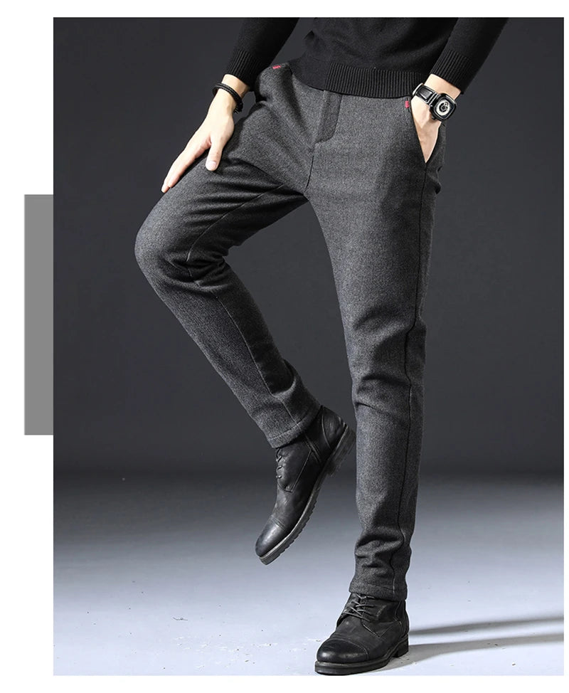 2023 New Autumn Winter Classic Work Stretch Pants Men Cotton Business Slim Fit Grey Black Korea Thick Casual Cargo Trousers Male - reetell