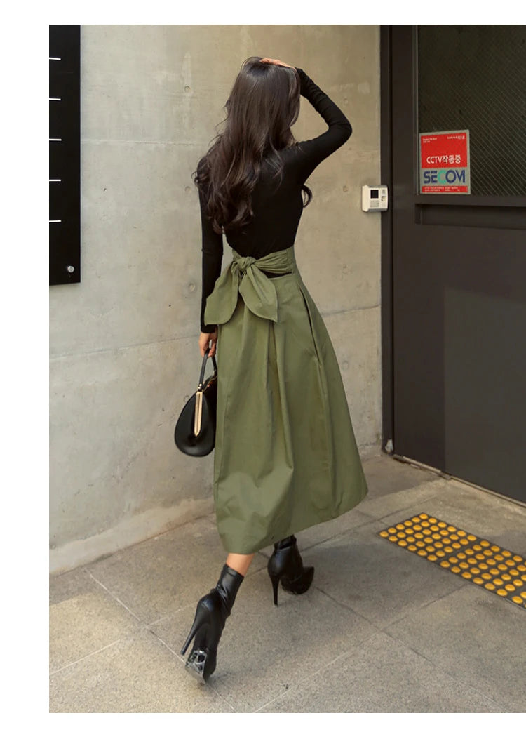 Skirts Womens Korean Fashion Solid Color Big Swing Ladies Skirt Long Skirt 2022 Autumn Wild High Waist Bow Slim Skirts - reetell