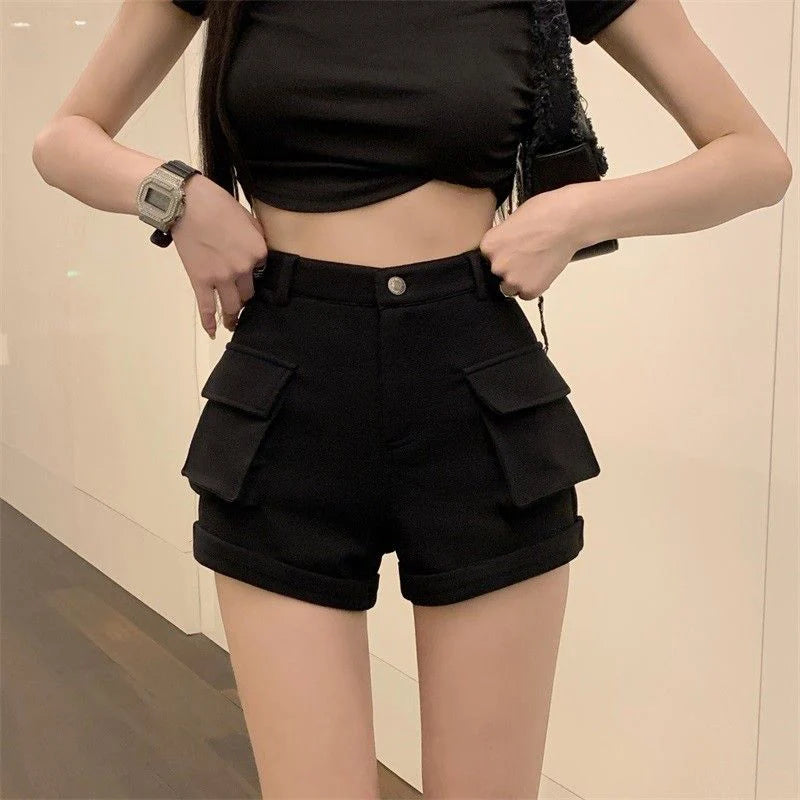 Zoki Korean Casual Cargo Shorts Women Pockets High Waist Streetwear Shorts Summer All Match Lady Simple Solid Slim Cargo Shorts - reetell