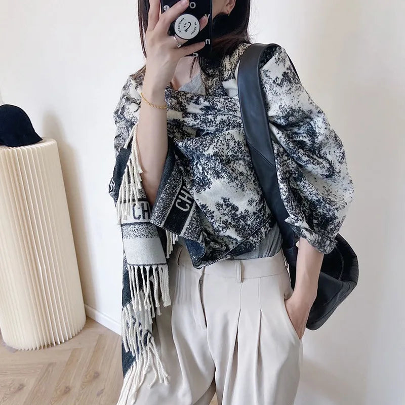 2024 Women's New Scarf Ink Color Printing Black border Shawl with White Tassels Winter Outdoor Warm Muslim Female Pashmina - reetell