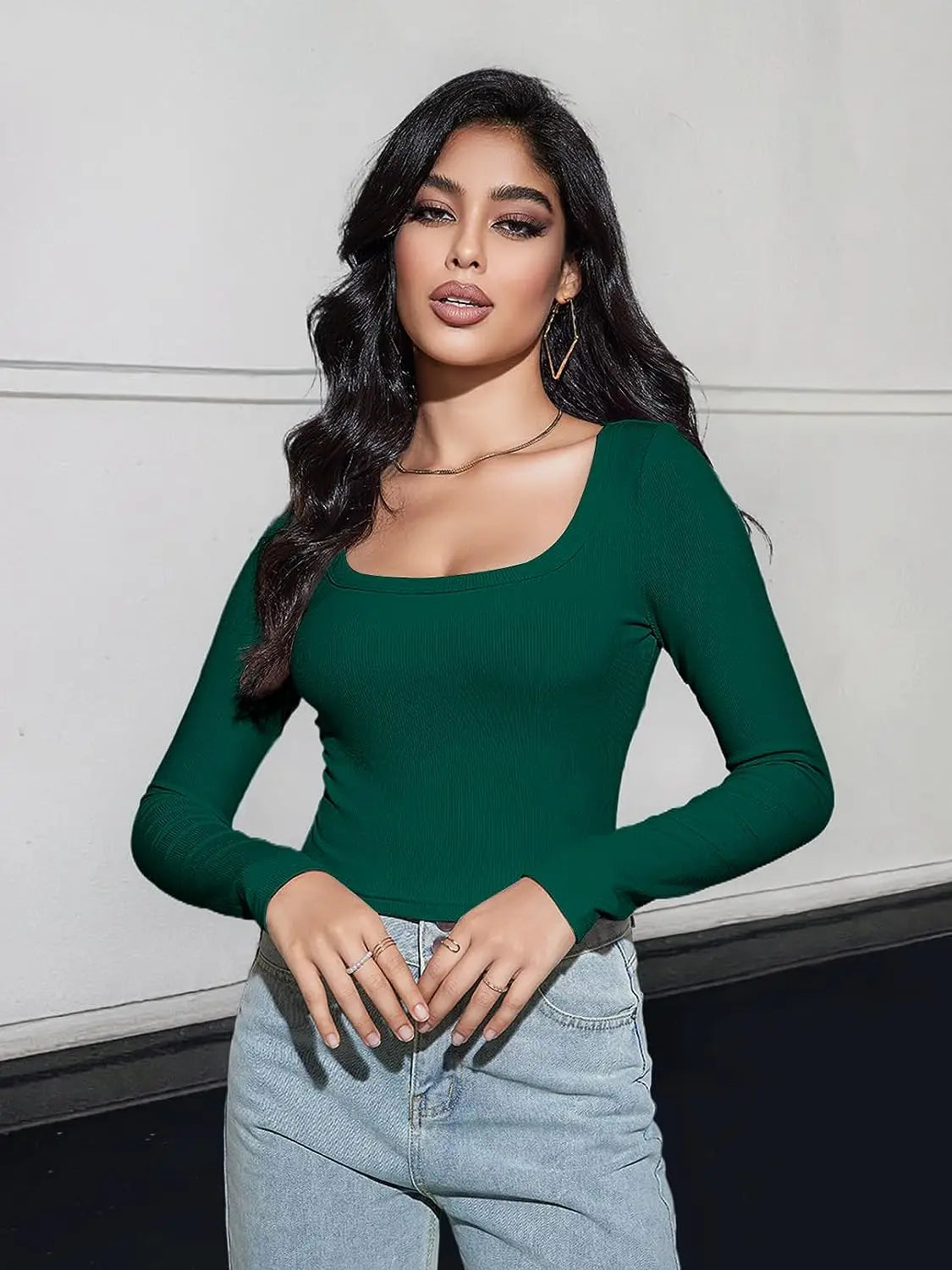 Women's Long Sleeve Square Neck Crop Top Ribbed Slim Fitted Y2K Casual T-Shirt Tops - reetell