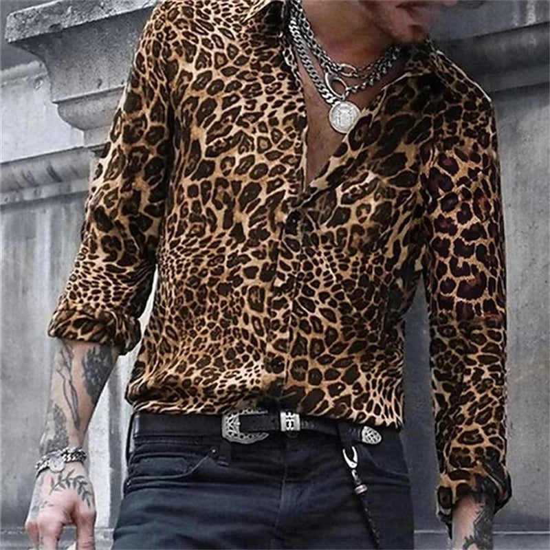 Hawaiian Fashion Luxury High Quality Leopard Print Men's Shirts Single Breasted Shirts Casual Camo Print Long Sleeve Men's Tops - reetell