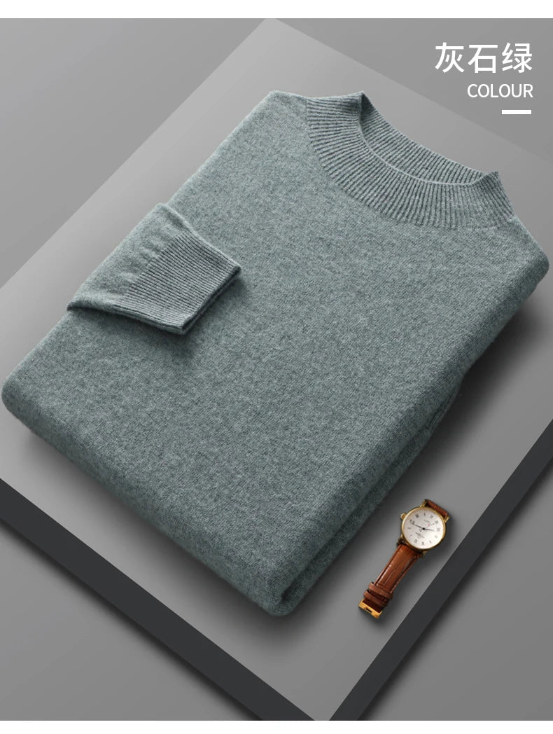 Spring Autumn 100% Merino Wool Pullover Sweater Cashmere Knitwear Men Mock-Neck Long-sleeve Basic Clothing Grace Tops - reetell