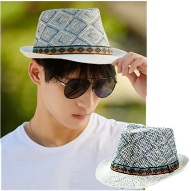 New Spring/Summer Men's Straw Knitted Hat Short Brim Trendy British Jazz  Sunscreen Beach Hat Versatile for Gentlemen