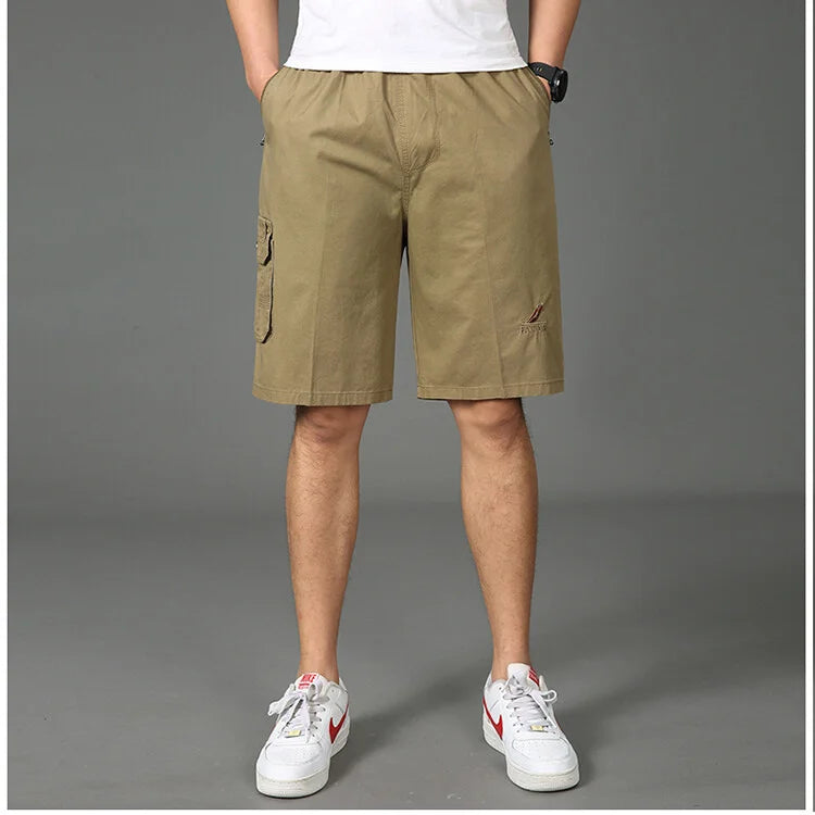 2024 Shorts Men Bermuda Cotton Pocket Zip Cargo Shorts Fashion Style Elastic Army Male Summer Casual Knee Length Vintage Yellow - reetell