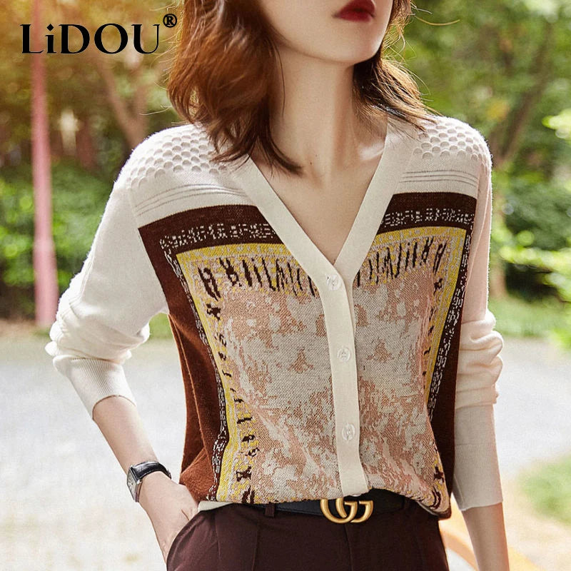 2023 Spring Autumn Printing Fashion V-neck Sweater Women High Street Casual Long Sleeve Button Cardigan Elegant All-match Tops - reetell