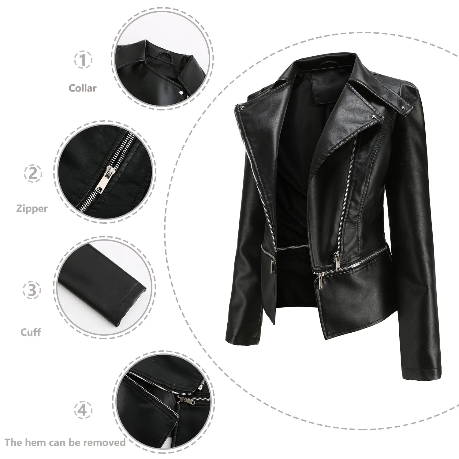 2024 Spring Autumn Women's Leather Jacket Female Detachable Hem Lapel Zipper Casual Coats Women's Locomotive Windbreaker