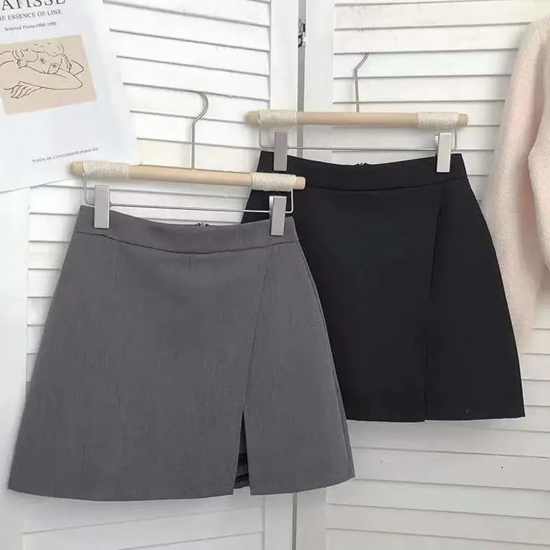 Lucyever Black Gray Women Skirts A-Line Korean Style High Waist Split Mini Skirt Woman Simple Casual Office Shorts Skirts Female - reetell