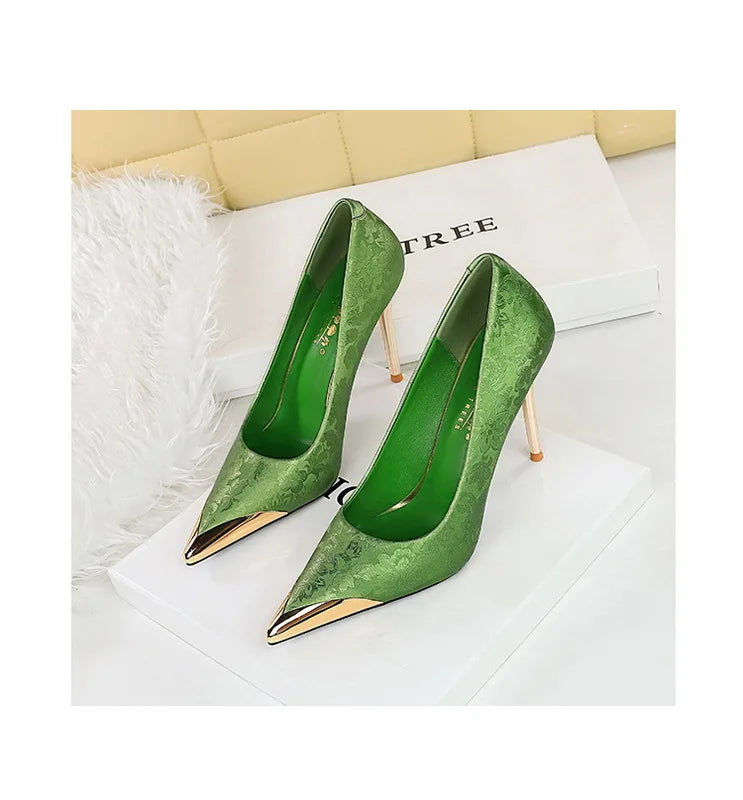 BIGTREE Shoes Metal Pointed End Women Pumps Silks Satins High Heels Ethnic Style Women Stilettos Heels 10 Cm Banquet High Heels