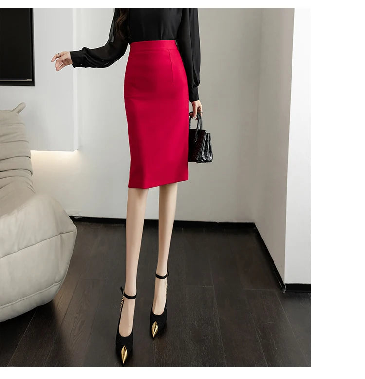 Classic Vintage Gray Red Stretch Pencil Skirts For Women Office Lady Formal Black Midi Skirts Elegant Female Package Hip Skirts - reetell