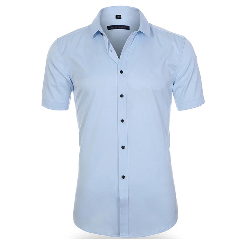 Anti-Wrinkle Stretch Slim Elasticity Fit Male Dress Business Basic Casual Short Sleeved Men Social Formal Shirt Oversized