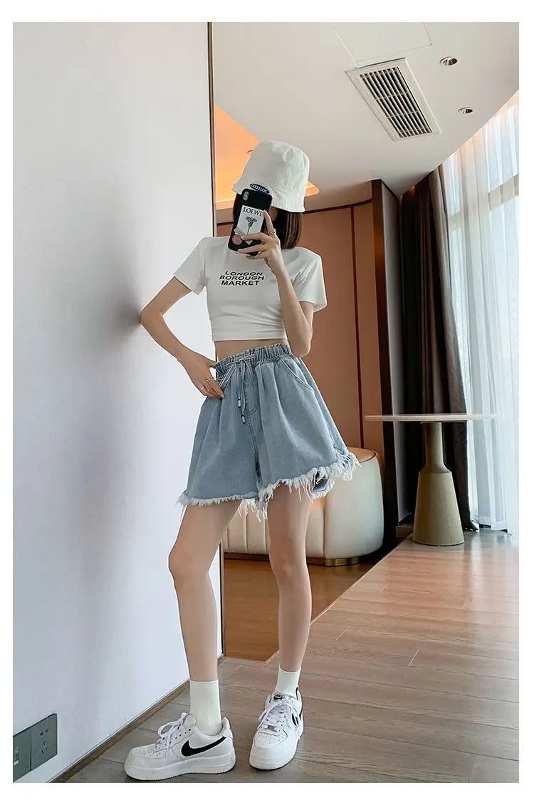 Big Size Denim Shorts Summer Thin Section Wide Leg Wide Loose Tight High Waist Female Students Fattening Women Tassel Wide - reetell