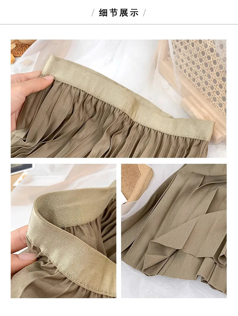 2023 Women Elegant Pleated Skirt High Waist Women Mid-long Skirt Female Ladies High Quality Women Midi Skirt Black Saia - reetell