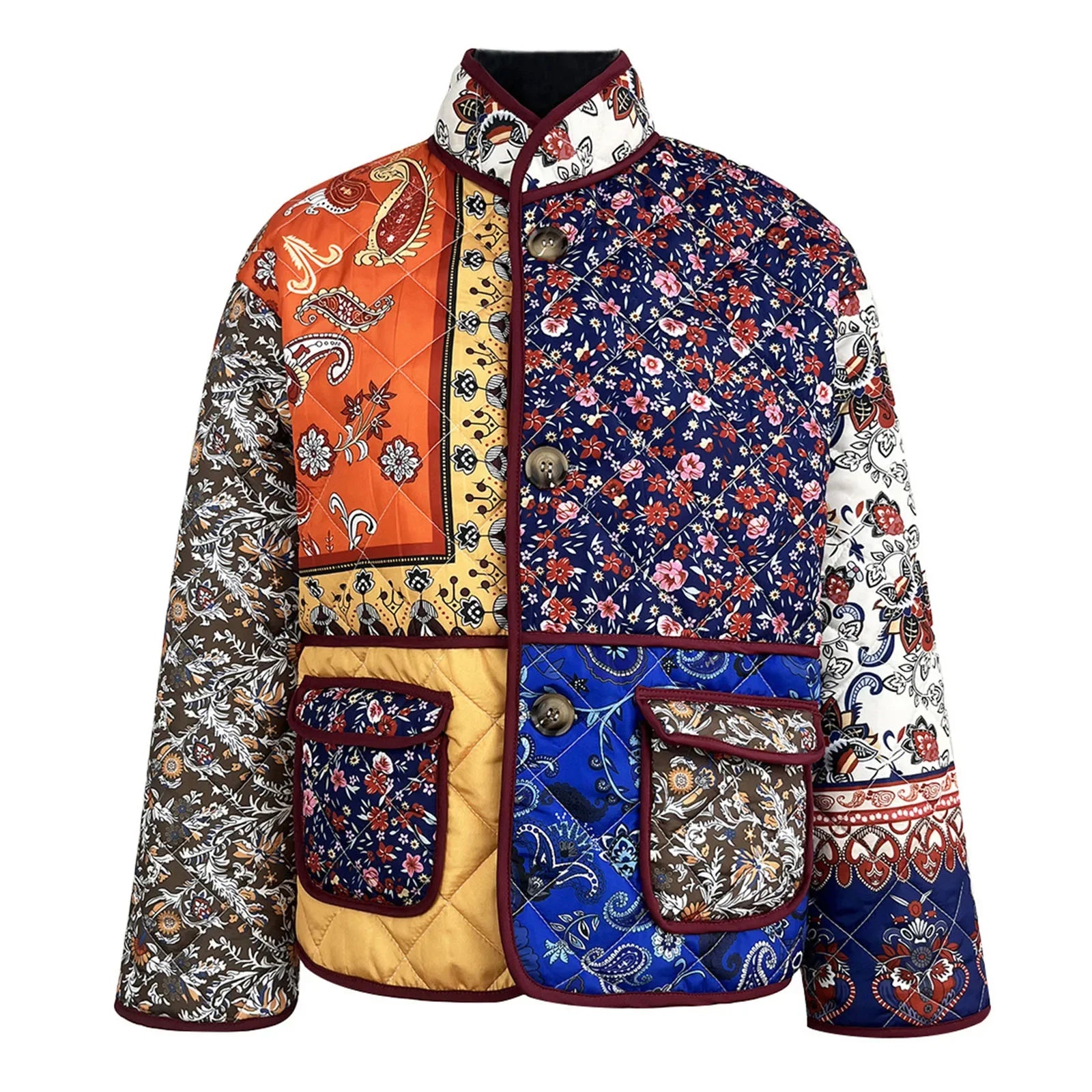 Combhasaki Women's Y2K Vintage Folk Floral Print Puffer Jacket Winter Warm Patchwork Quilted Coat Long Sleeve Button Up Outwear