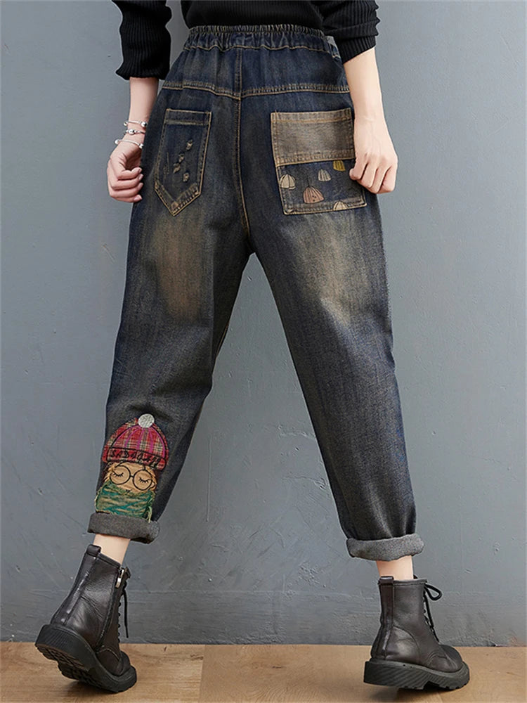 6537 Cartoon Litter Girl Embroidery Denim Pants For Women Trendy Hole Casual High Waist Breeches Pockets Mom Harem Blue Jeans - reetell