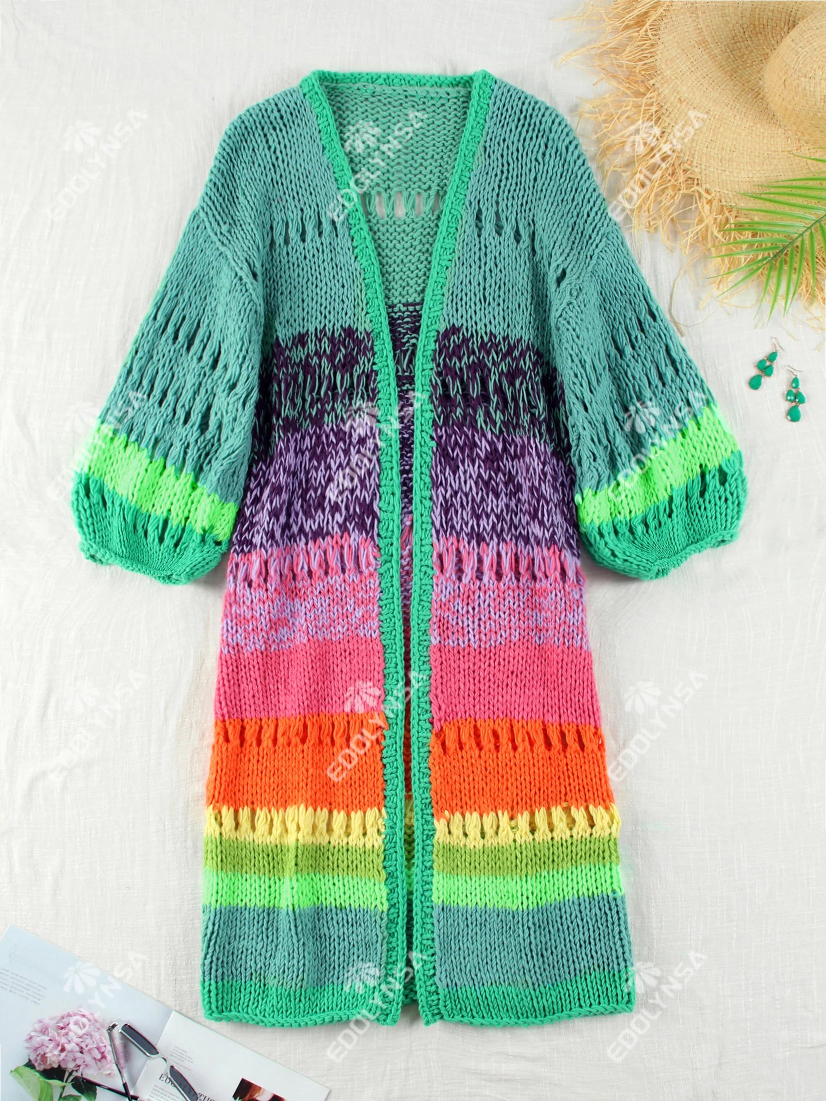 Boho Multicolor Crochet Cut Out Bell Sleeve Cardigan 2024 Autumn Winter Knitted Dress Women's Long Cardigan Sweater Jacket K12 - reetell