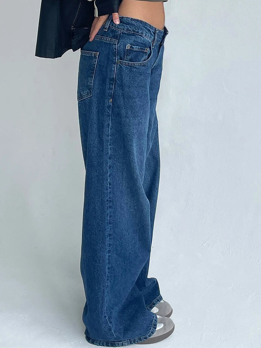 Women's Low Rise Jeans Wide Leg Trousers with Multi Pockets Oversized Fit Floor Length Buttons and with zip Washed Denim Pants - reetell