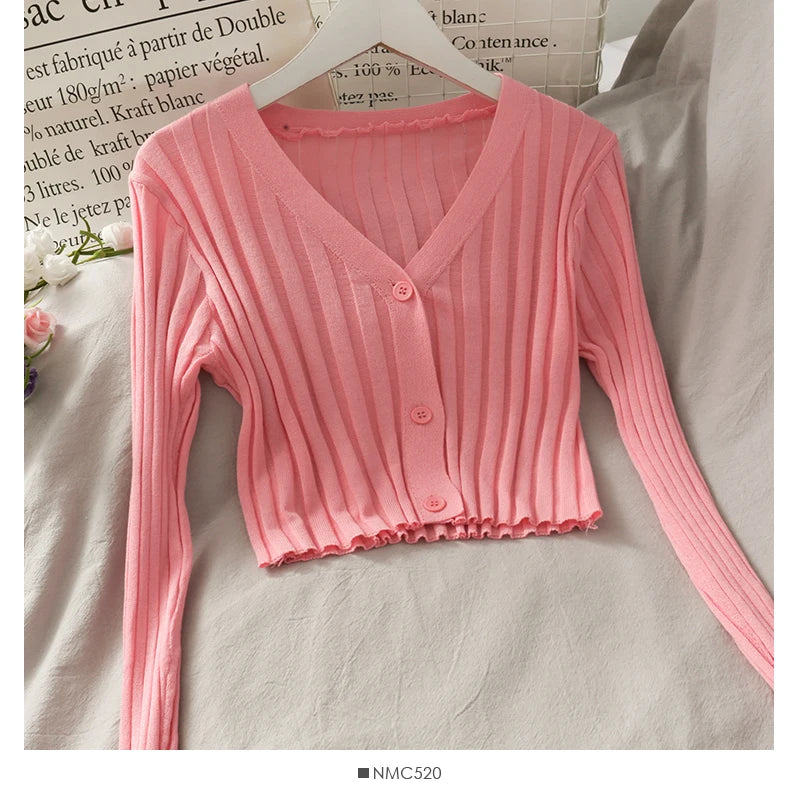 Women Fall Buttons Up Cardigan Shirt Acrylic Long Sleeve V-Neck Slim Cropped Knitwear Ribbed Knit Thin Solid Stretch Top Winter - reetell