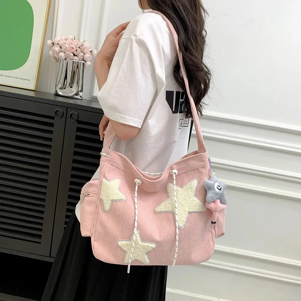 Women Star Pattern Corduroy Crossbody Bag Casual Tote Lady Simple Large Capacity Shoulder Bag Girl Travel School Bookbag Handbag