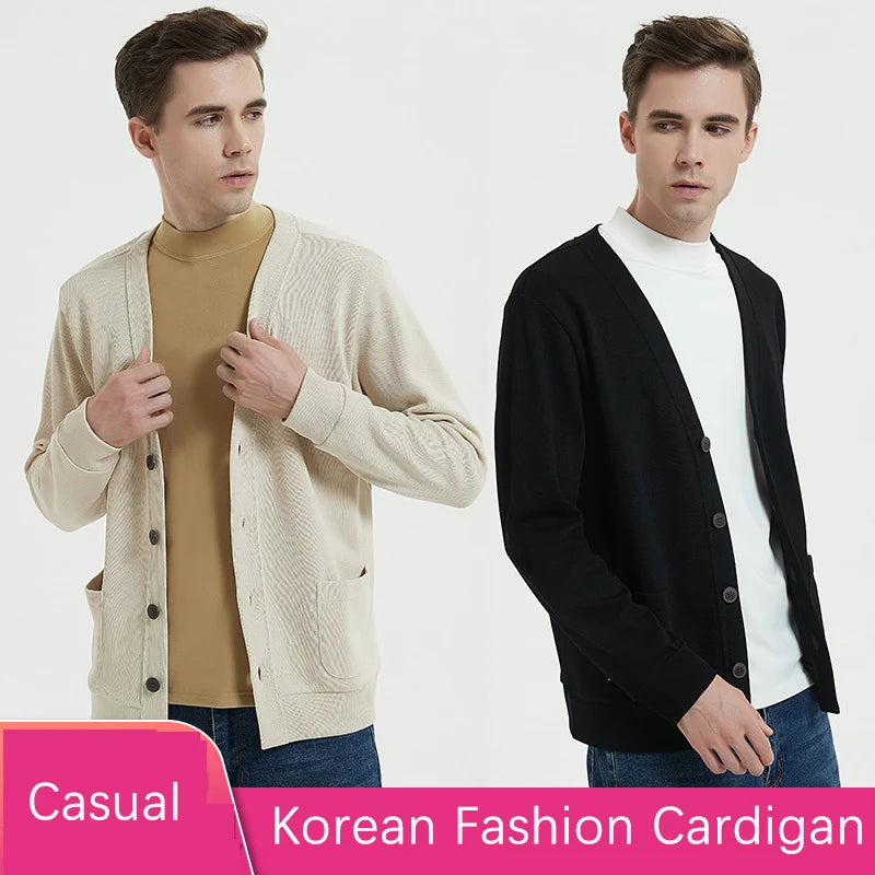 BROWON New Knitted Sweater Cardigan Men 2024 Autumn Solid Casual Man Clothes Korean Fashion 80% Cotton V-Neck Collar Sweater Men - reetell