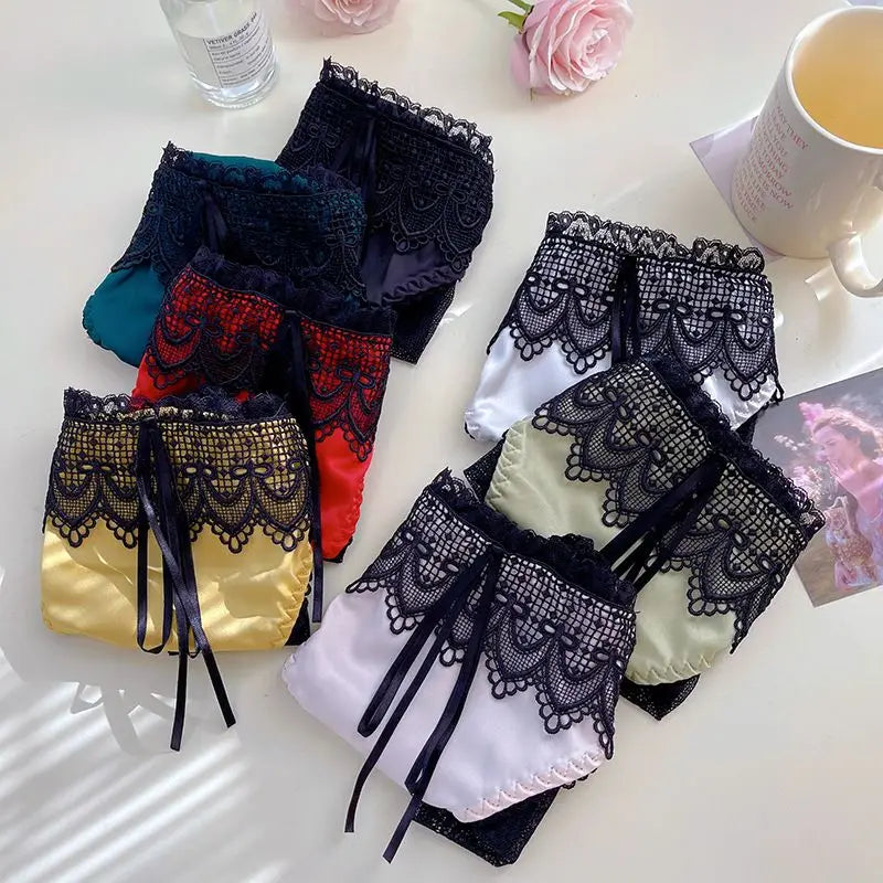 New French Noble Satin Court Ladies Underwear Low Waist Lace Sexy Lingerie Pure High-grade Thin Brief Lift The Hips Panties - reetell