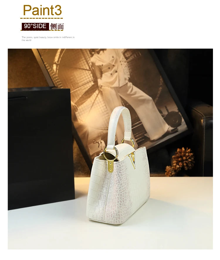 Luxury Fashion White Leather Women Handbags 2024 New Female Small Shoulder Messenger Bag Crocodile Pattern Portable Shell Bags - reetell