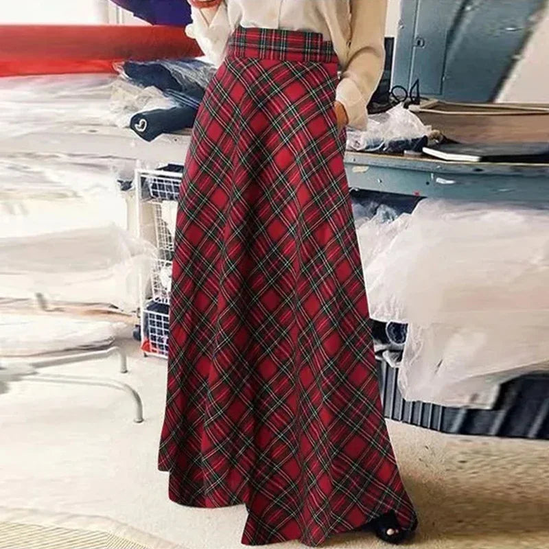 Autumn Winter Women Skirt Korean Style Retro Plaid A-line Skirt Fashion Loose High Waist Stretch Party Long Skirt S-5XL(UK 8-24) - reetell