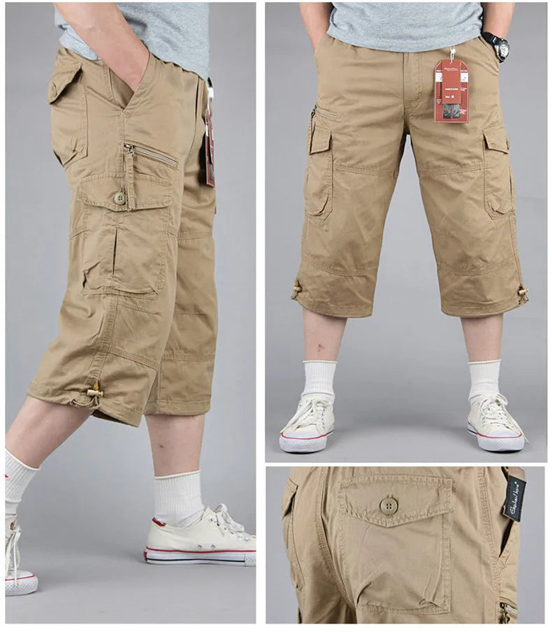 Knee Length Cargo Shorts Men's Summer Loose Casual Cotton Multi Pockets Breeches Capri Short Jogging Camouflage Tactical Shorts