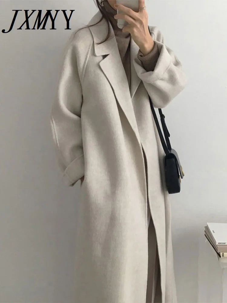 JXMYY French Lazy Style Warm Female Fresh Winter 2024 Classical Belt Retro Loose Women Woolen Coats Chic Casual Long Coat Long - reetell