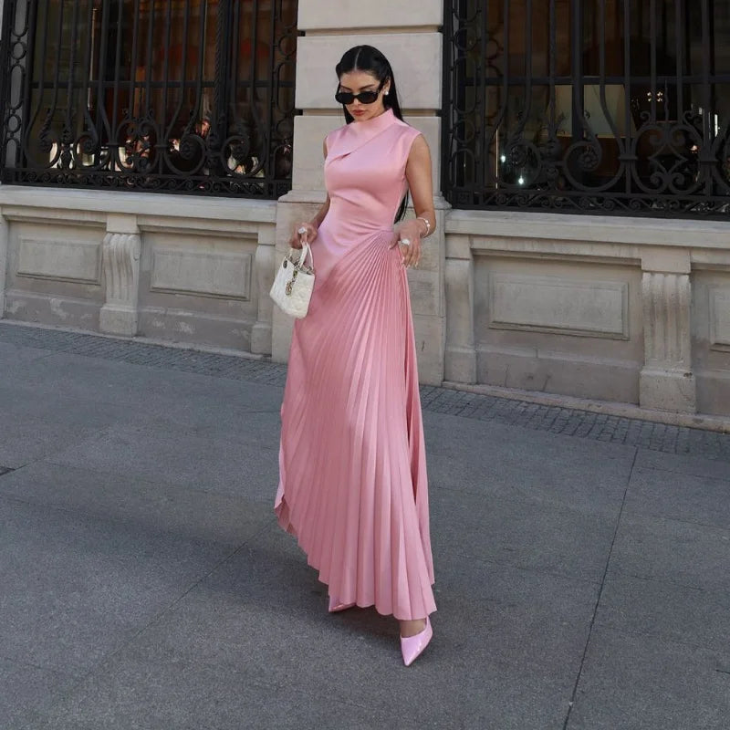 Elegant Sleeveless Round Neck Pleated Long Dresses Fashion High Waisted Solid Color Women's Dress Chic Ladies New Evening Gown - reetell