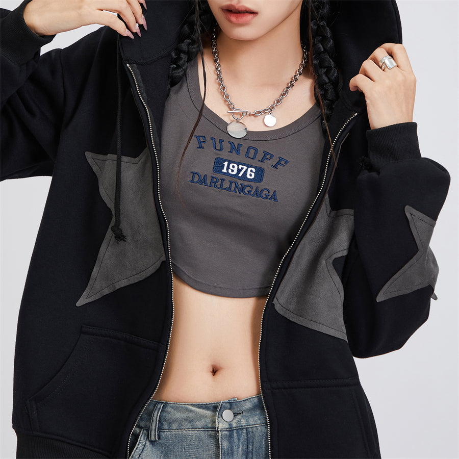 wsevypo Grunge Retro Star Print Hoodies Autumn Women's Long Sleeve Zip-up Hooded Sweatshirts with Front Pocket Street Outwear - reetell