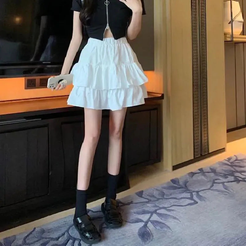 Sweet Cake A-line Skirt Black Women Cute Pleated Puffy Skirt Elastic Waist Preppy Style Solid Color Casual Korean Fashion Casual - reetell