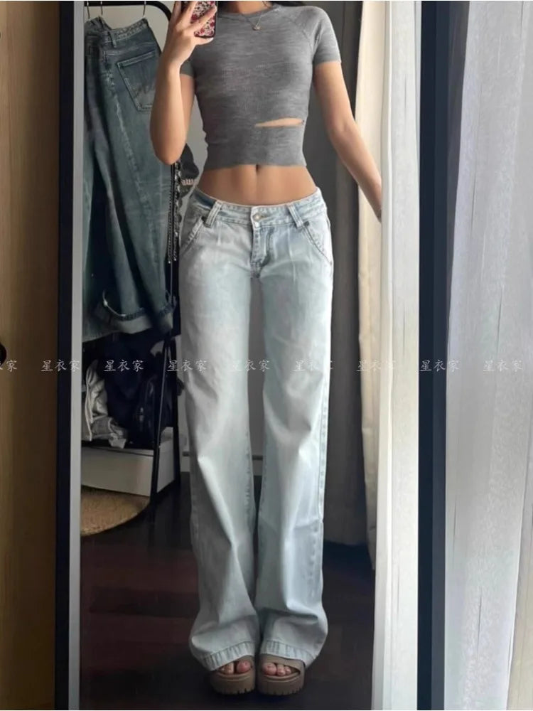 Light Blue Low Waist Jeans Woman Streetwear American Vintage Denim Pants Female Casual Washed Straight Pantalons Mujer Fall 2024 - reetell