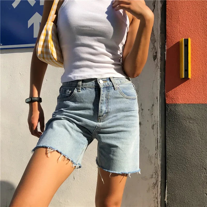 Women High Waist Wide Leg Denim Shorts Tassel 2024 Summer Fashion Streetwear Casual Solid Color Female Loose Straight Jeans - reetell