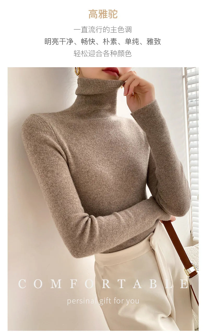 Women Sweater Winter Cashmere Turtleneck Warm Knitwear Korean Casual Solid Bottoming Shirt Fashion Knit Pullovers Brown Sweater - reetell