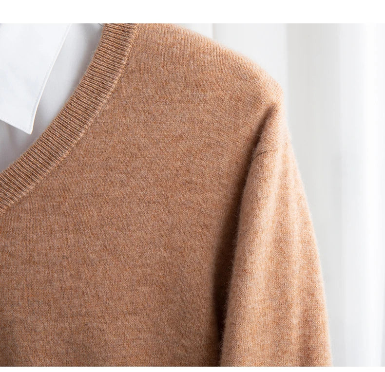 Men 100% Merino Wool Sweater V-Neck Pullover Autumn Winter Cashmere Warm Solid Knitwear Clothes Business Bottoming Soft Tops - reetell