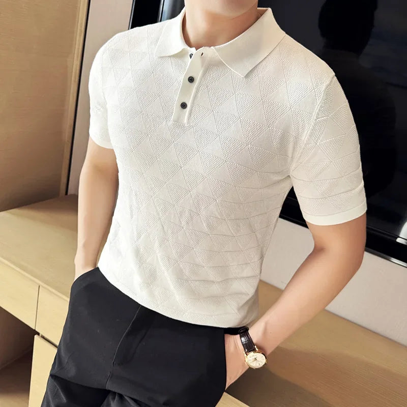 High-quality Men's Jacquard Polo Shirt, Business Casual Men's Solid Color Short-sleeved Top,  Geometric Pattern Men's T-shirt.